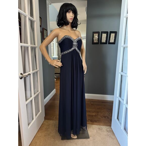 XSCAPE Navy Chiffon Jeweled Bodice Empire A-Line strapless Evening Gown 8 - Picture 15 of 16